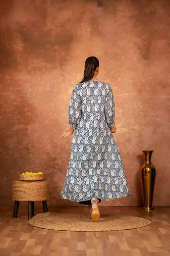 Blue floral hand block printed cotton kurta pant  set of 2