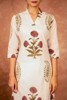Off white red floral hand block printed cotton kurta pant  set of 2 2