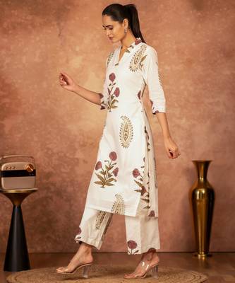 Off white red floral hand block printed cotton kurta pant  set of 2 3