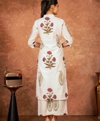 Off white red floral hand block printed cotton kurta pant  set of 2 4