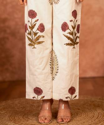Off white red floral hand block printed cotton kurta pant  set of 2 5