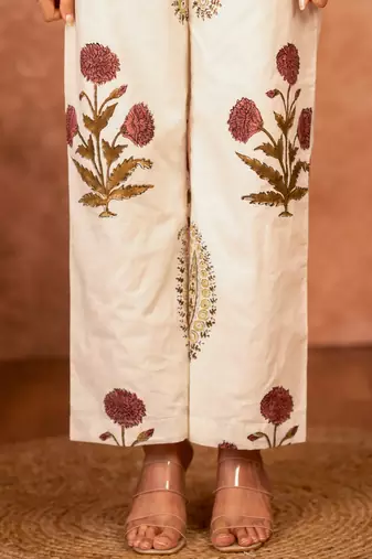 Off white red floral hand block printed cotton kurta pant  set of 2