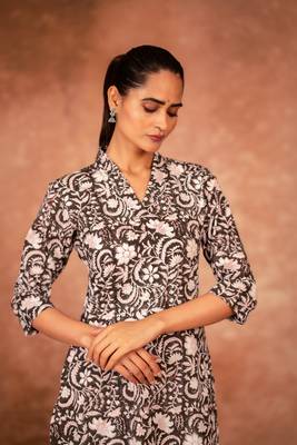 Black floral hand block printed cotton kurta pant  set of 2 2