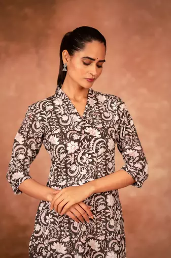 Black floral hand block printed cotton kurta pant  set of 2