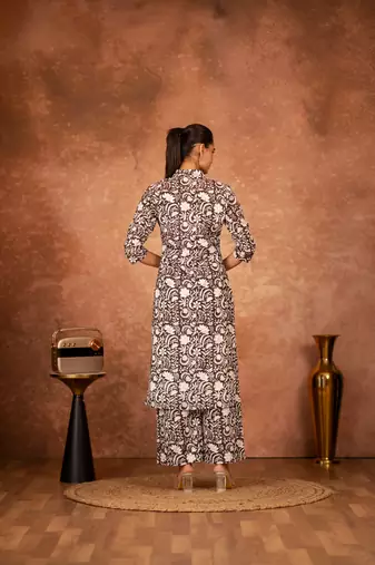 Black floral hand block printed cotton kurta pant  set of 2