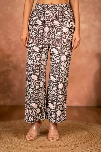 Black floral hand block printed cotton kurta pant  set of 2