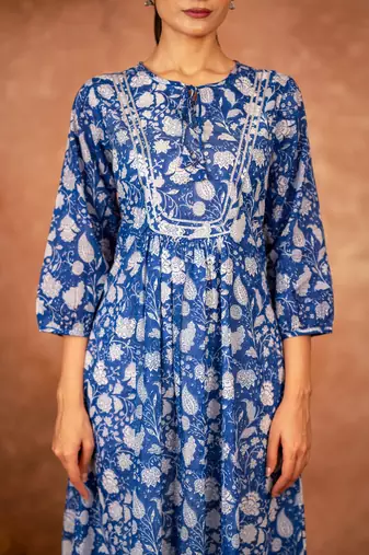 Blue floral hand block printed cotton kurta pant  set of 2