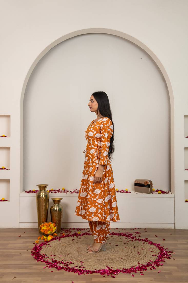 Peach hand block print cotton kurta set
