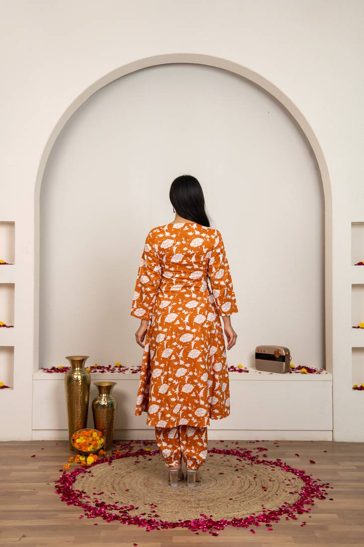 Peach hand block print cotton kurta set