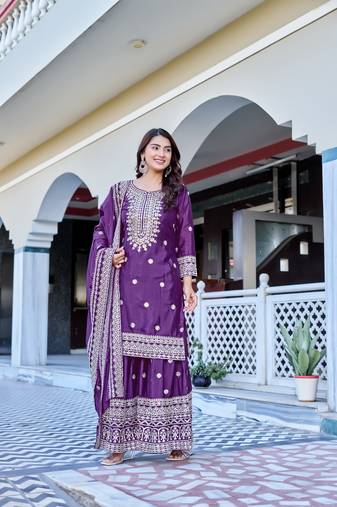 wine chinnon silk wedding sharara with embroidery