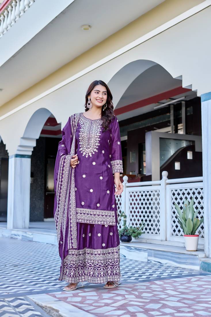 Wine Color Chinnon Silk Embroidery Work Wedding Wear Sharara 