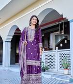 Wine Color Chinnon Silk Embroidery Work Wedding Wear Sharara 