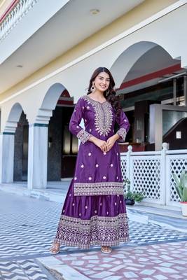 wine chinnon silk wedding sharara with embroidery 2