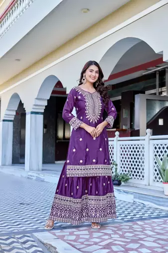 wine chinnon silk wedding sharara with embroidery