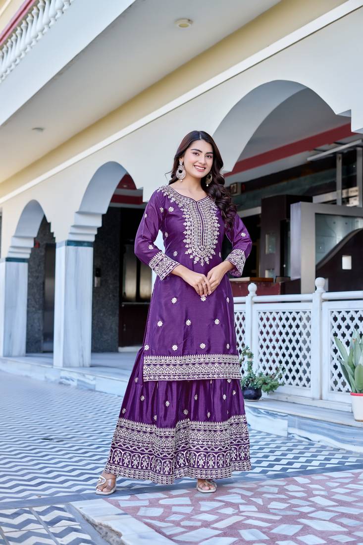 Wine Color Chinnon Silk Embroidery Work Wedding Wear Sharara 