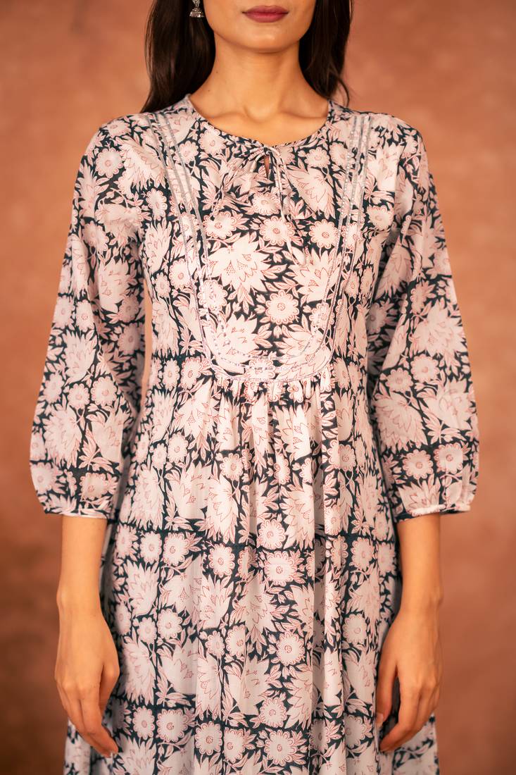 Black floral hand block printed cotton kurta pant  set of 2