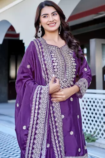 wine chinnon silk wedding sharara with embroidery