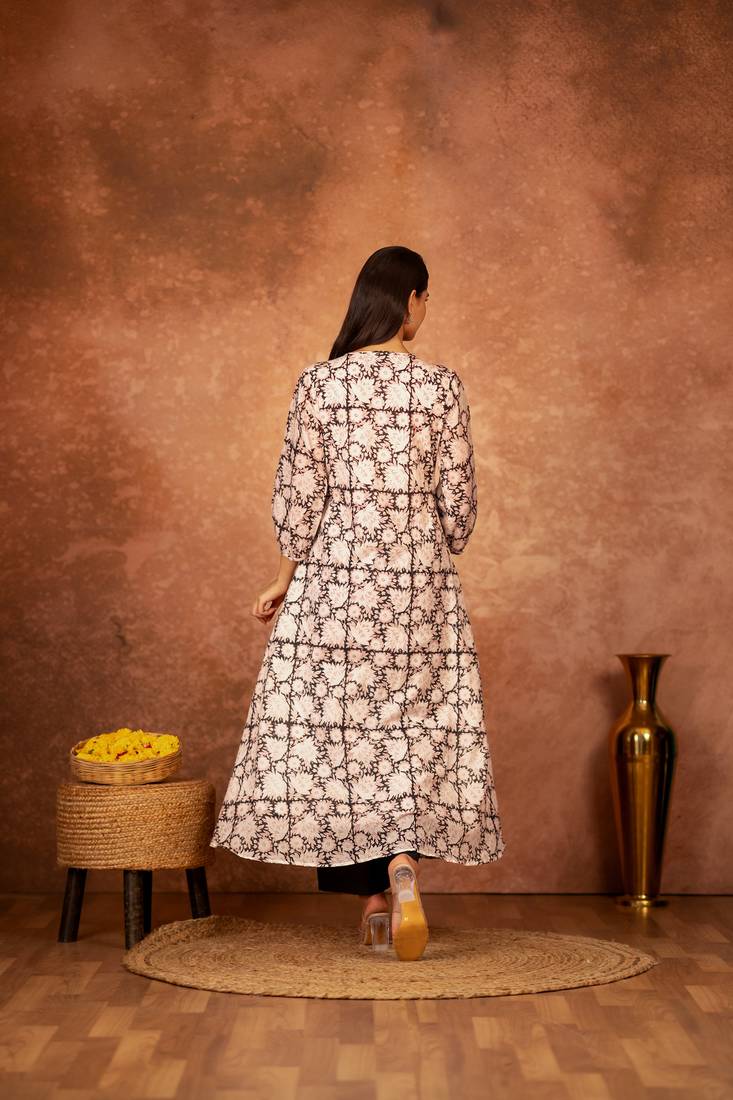 Black floral hand block printed cotton kurta pant  set of 2