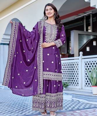wine chinnon silk wedding sharara with embroidery 4