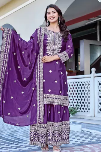 wine chinnon silk wedding sharara with embroidery