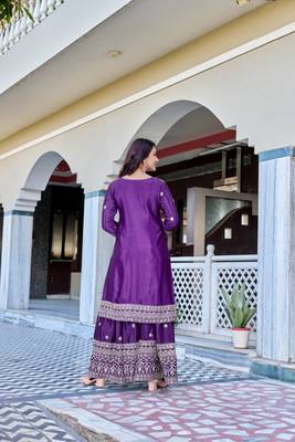 wine chinnon silk wedding sharara with embroidery 5