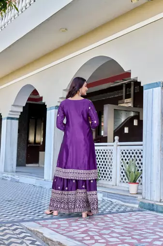 wine chinnon silk wedding sharara with embroidery