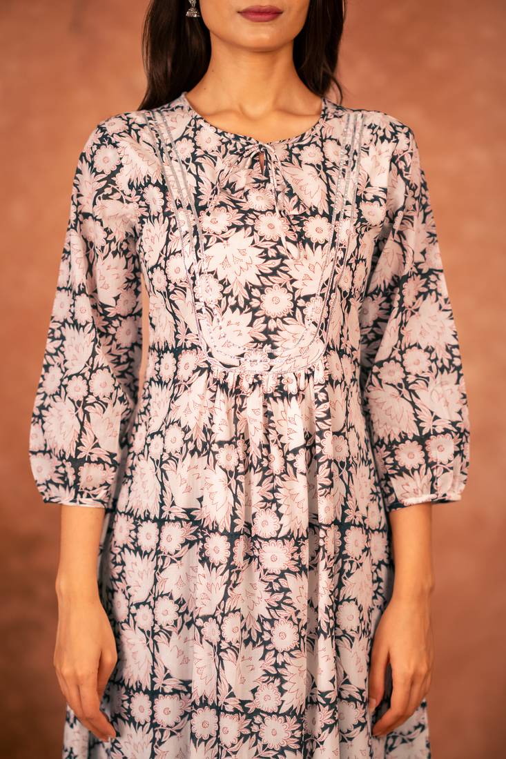 Black floral hand block printed cotton kurta pant  set of 2