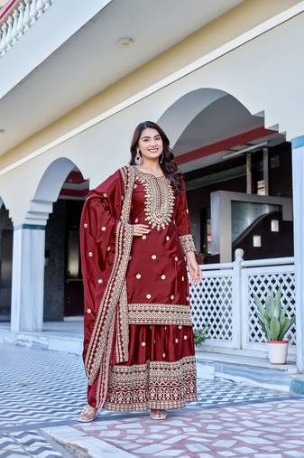 maroon chinnon silk wedding sharara with embroidery