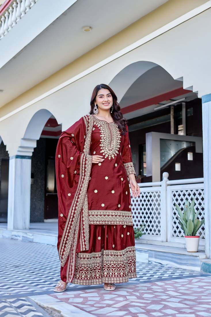 Maroon Color Chinnon Silk Embroidery Work Wedding Wear Sharara 