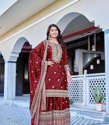 maroon chinnon silk wedding sharara with embroidery