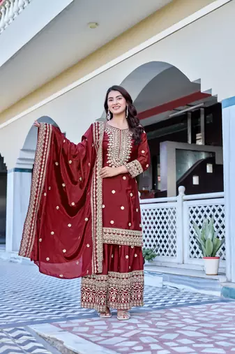 maroon chinnon silk wedding sharara with embroidery