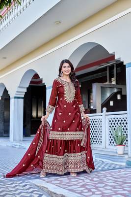 maroon chinnon silk wedding sharara with embroidery 3