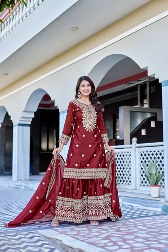 maroon chinnon silk wedding sharara with embroidery