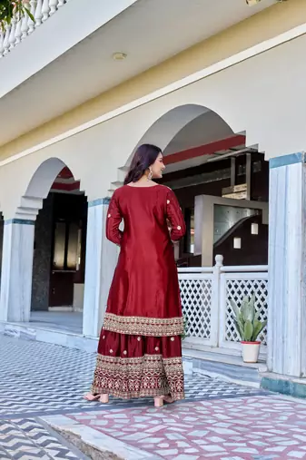 maroon chinnon silk wedding sharara with embroidery