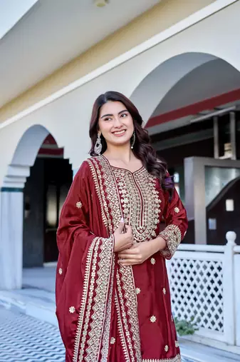maroon chinnon silk wedding sharara with embroidery