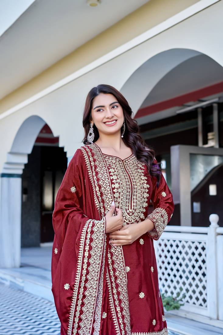 Maroon Color Chinnon Silk Embroidery Work Wedding Wear Sharara 