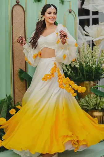 YELLOW DIGITAL PRINTED ORGANZA SILK HALDI LEHENGA CHOLI
