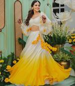 YELLOW DIGITAL PRINTED ORGANZA SILK HALDI LEHENGA CHOLI