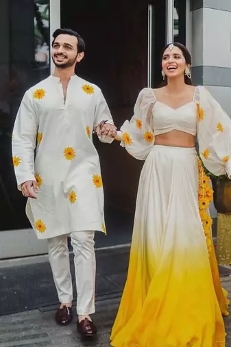 white yellow ombre organza haldi lehenga choli set