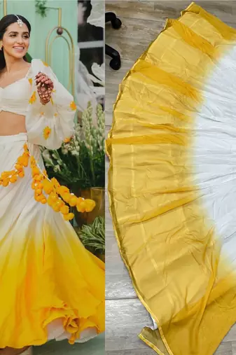 white yellow ombre organza haldi lehenga choli set