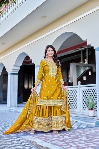 yellow chinnon silk wedding sharara with embroidery