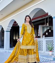 yellow chinnon silk wedding sharara with embroidery