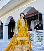 Yellow Color Chinnon Silk Embroidery Work Wedding Wear Sharara 