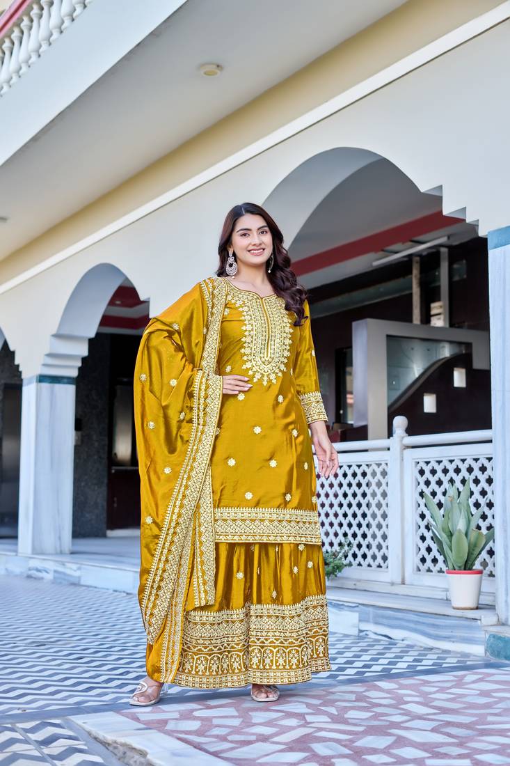 Yellow Color Chinnon Silk Embroidery Work Wedding Wear Sharara 