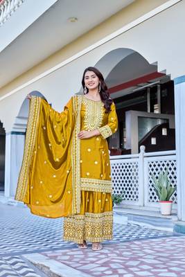 yellow chinnon silk wedding sharara with embroidery 3