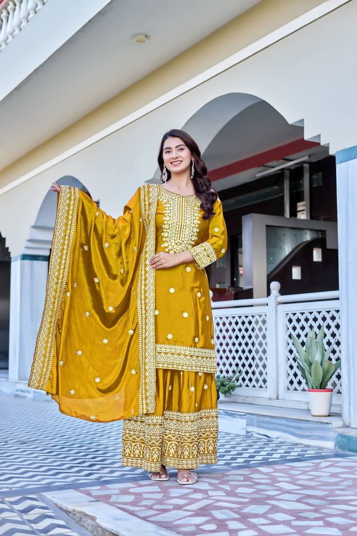 Yellow Color Chinnon Silk Embroidery Work Wedding Wear Sharara 