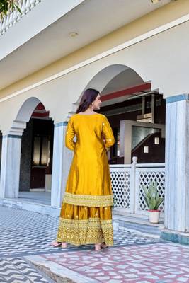 yellow chinnon silk wedding sharara with embroidery 4