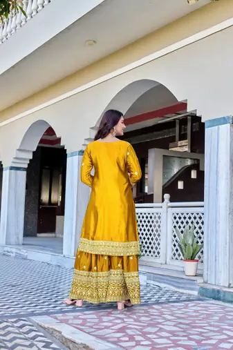 yellow chinnon silk wedding sharara with embroidery