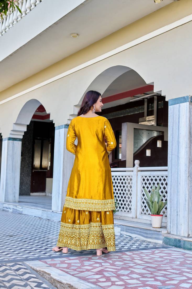 Yellow Color Chinnon Silk Embroidery Work Wedding Wear Sharara 