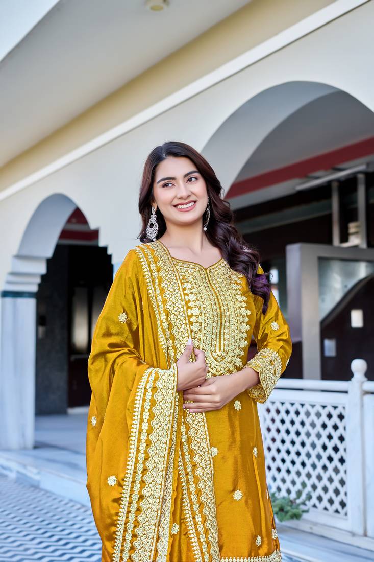 Yellow Color Chinnon Silk Embroidery Work Wedding Wear Sharara 